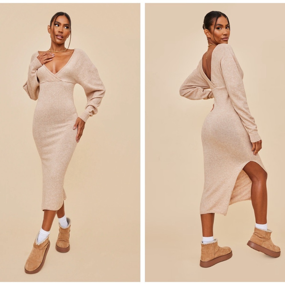 Prettylittlething Oatmeal‎ Cold Shoulder Knit Lace Sweater Dress M